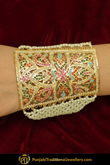 Gold Finished Navratan Jadau Bracelet | Punjabi Traditional Jewellery Exclusive